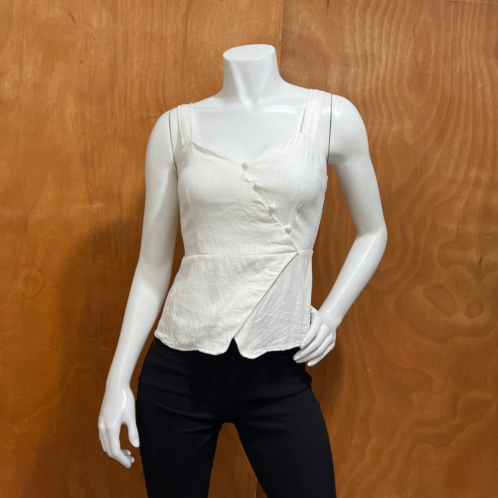 Oysho Women Medium White Linen Blend Wrap Camisole Top Asymmetric Covered Button